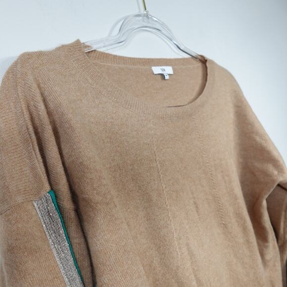 SOH 100% Cashmere Camel Brown Striped Sleeve Sweater - Picture 3 of 9